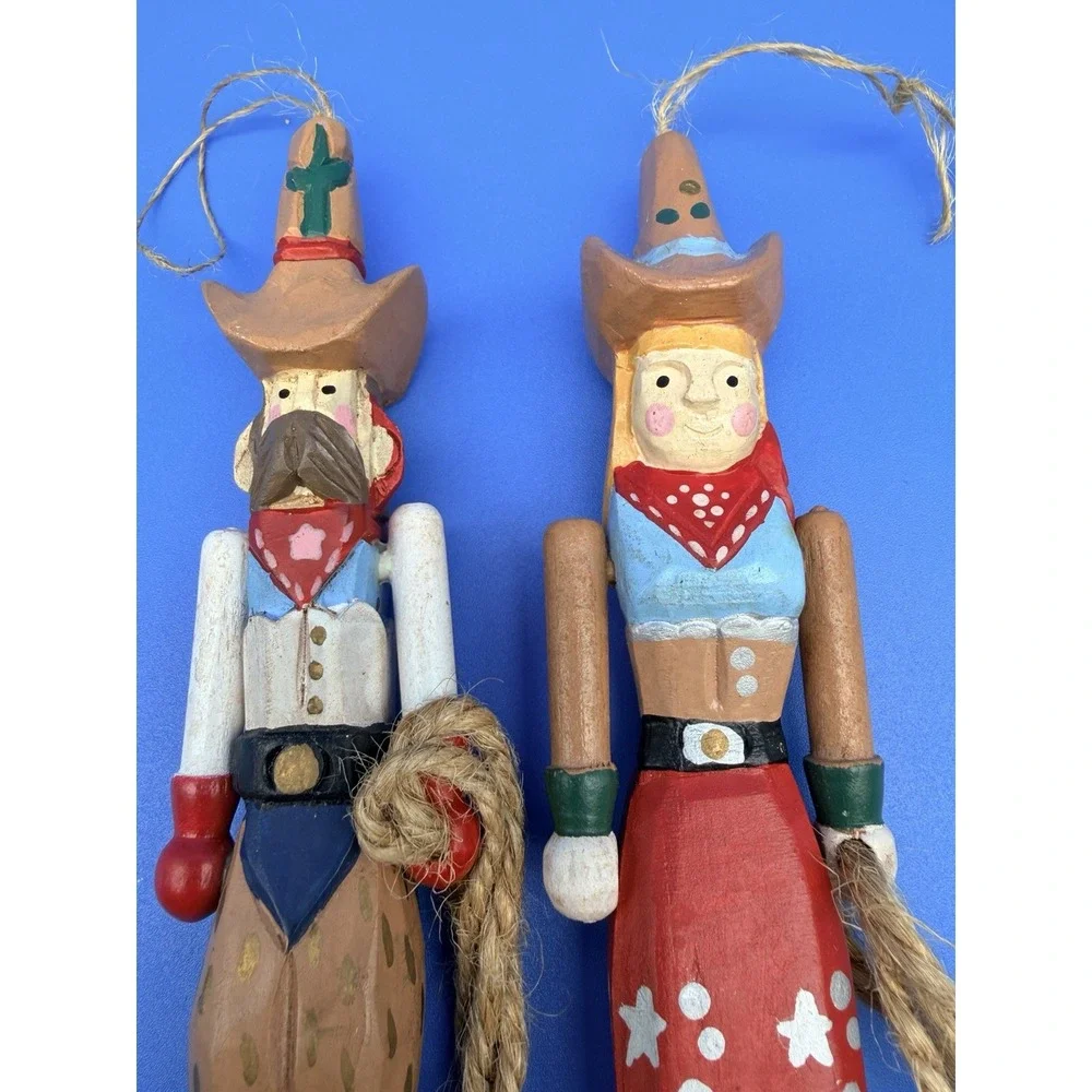 Vintage Wood Cowboy Cowgirl Christmas Ornaments Pair Western Folk Art Rope